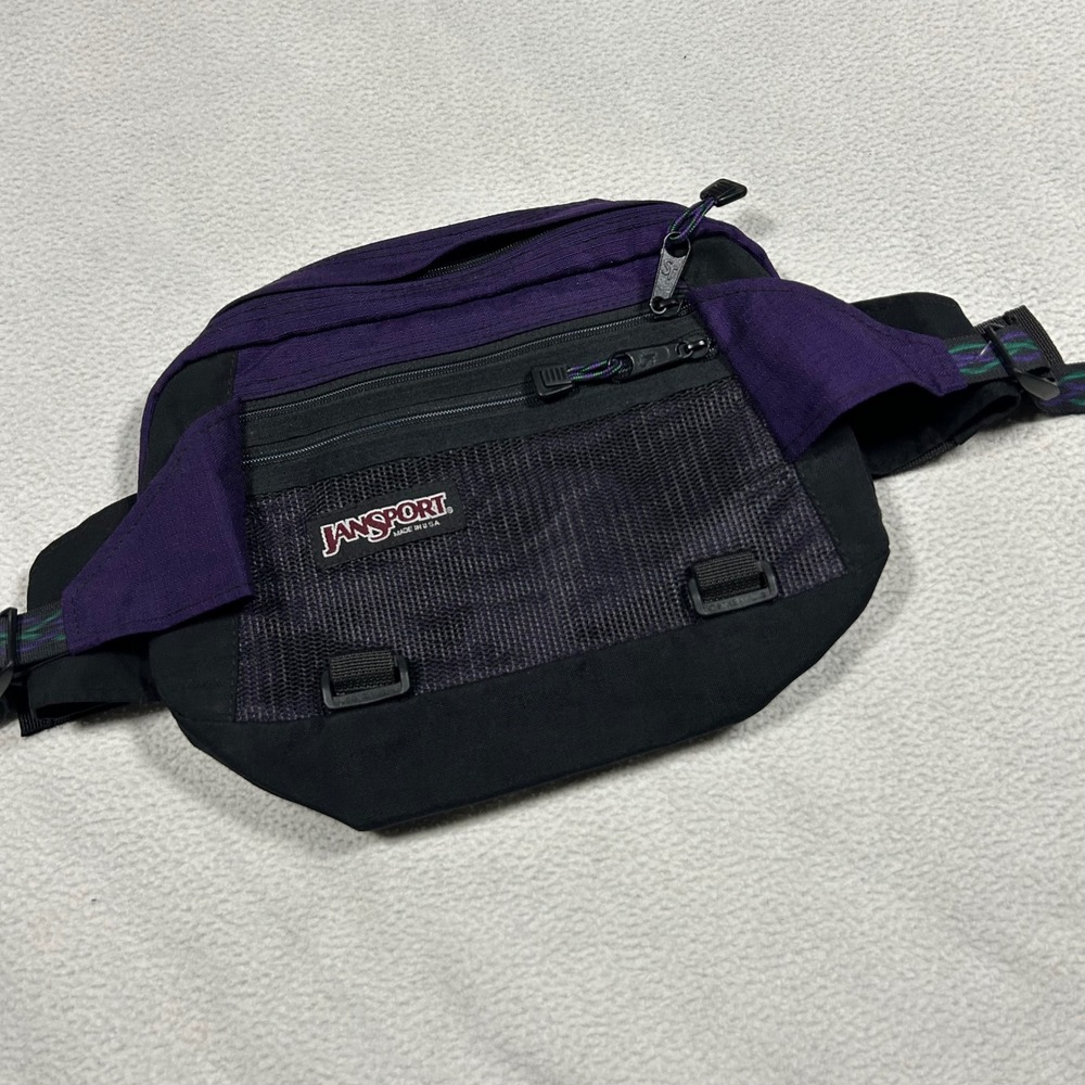 JanSport Fanny Pack Unisex OS Purple Black Vintage Made‎ in USA Ripstop Mesh Bag